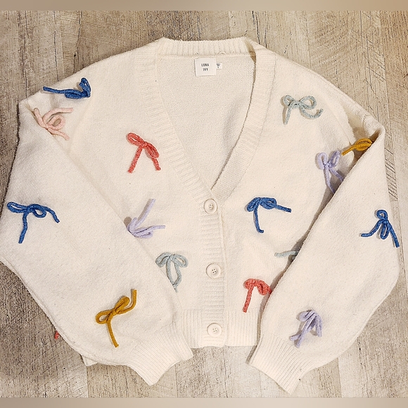 Luna Ivy Sweaters - Luna Ivy Cream Cardigan with Colorful Bow Details